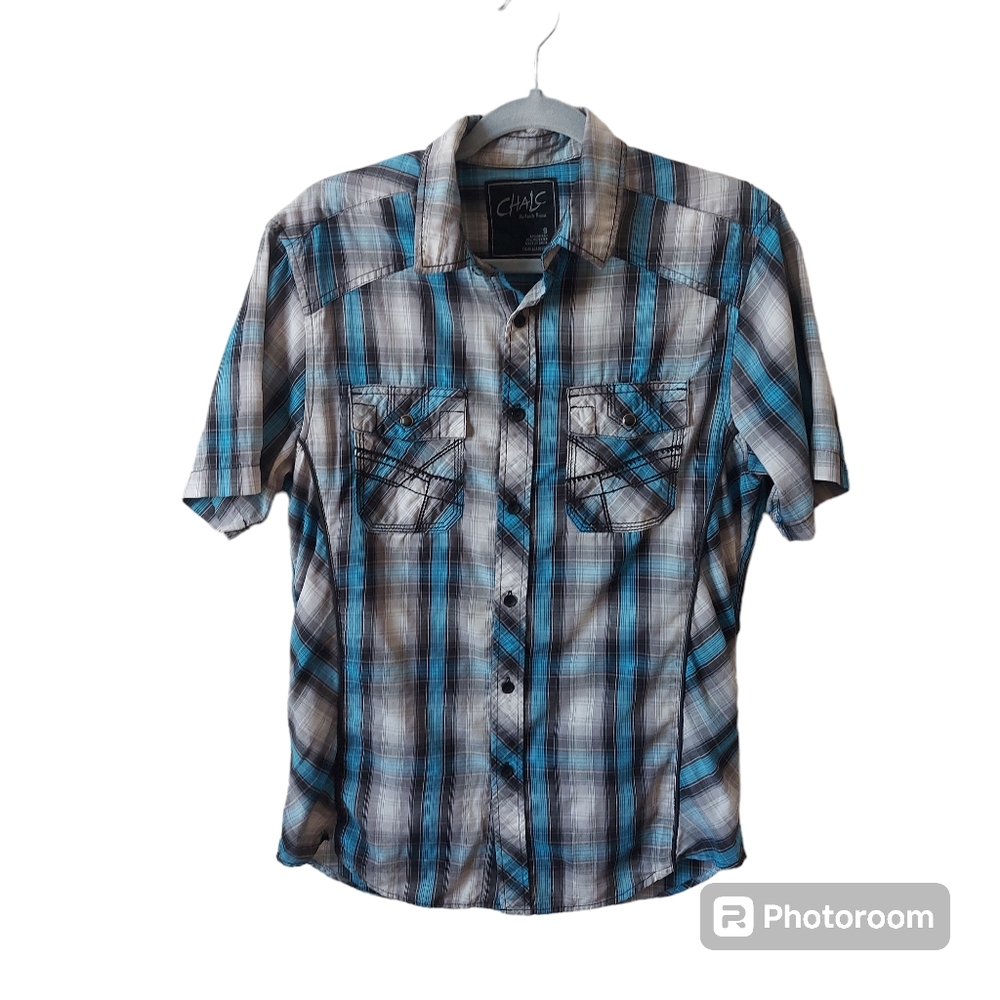 *Chalc Gray White Turquoise Men's Button Down Western Casual Short Sleeve Shirt